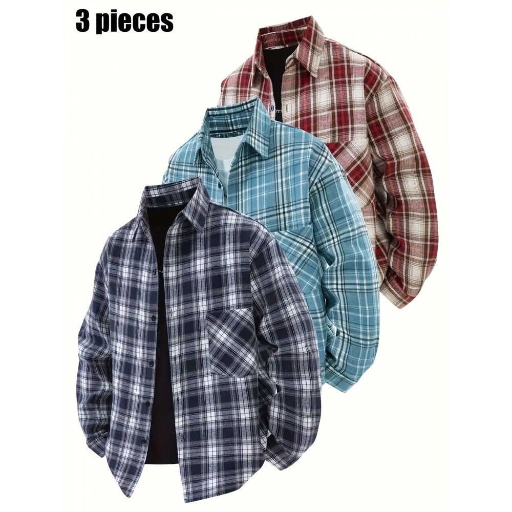 3pcs Men'S Scandinavian Vintage Plaid Shirt Set - Loose Fit, Breathable Rayon, Long Sleeve with Button-Up Design, Perfect for Fall & Spring Casual Wear, Casual Wear Shirts|Vintage Plaid Shirt|Asymmetrical Hemline, Thick