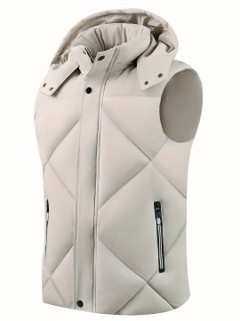 Men'S Classic Warm Padded Sleeveless Vest with Stand Collar - Quilted Waistcoat Jacket, Zipper Closure, Polyester, Solid Color, Regular Fit for Fall/Winter Casual & Sports Wear, Winter Jacket, Quilted Design, Durable Construction