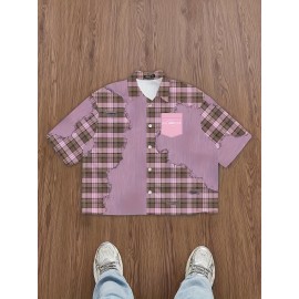 Men'S Casual Plaid Patchwork Short - Brown & White Checkered Pattern, Loose Fit Streetwear Style, Non-Stretch Fabric, Perfect for Camping & Casual Attire, Camping Apparel | Checkered Pattern Shirt | Nonstretch Fabric, Compression Shirt for Men, Gym