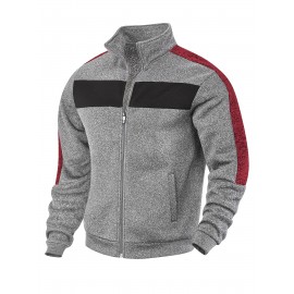 [Men's Color-Block Jacket] Color-Block Men's Knit Zip-Up Jacket | Regular Fit, Contrast Collar, Striped Design, Full-Zip Front, Ribbed Cuffs, Durable Fabric, Everyday Comfort Wear, Casual Outerwear