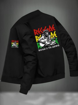 Polyester Knit Graphic Print Bomber Jacket - Men's Casual Reggae Stand Collar Zipper Closure - Fall/Winter Skinny Fit with Pocket Detail