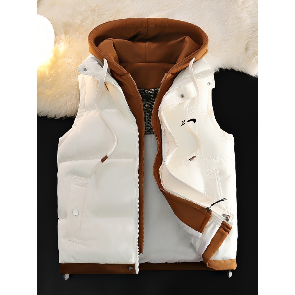 Men'S Hooded Vest - Thickened Warm Sleeveless Jacket with Zipper Closure, Red & Color Block Design, Polyester Lining, Casual Style for Cold Weather, Unisex Couple'S Outerwear, Multiple Colors Available, Winter Vest, Cold Weather Apparel
