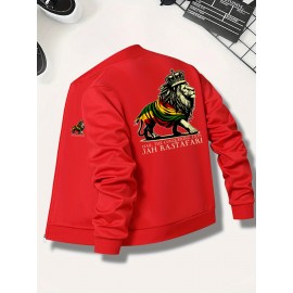 [Sporty Zip-Up Jacket] Rasta Colors Men's Lion Graphic Print Zip-Up Jacket | Machine Washable Regular Fit Outerwear, Sporty Casual Stand Collar Winter Coat, Autumn Apparel, Ethiopia Text